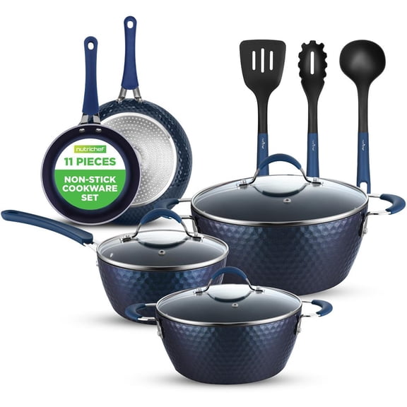 NutriChef 11-Piece Nonstick Cookware Set, Ceramic Coated Pots & Pans with Kitchen Utensils, Induction Safe, Easy-to-Clean Diamond Pattern Design