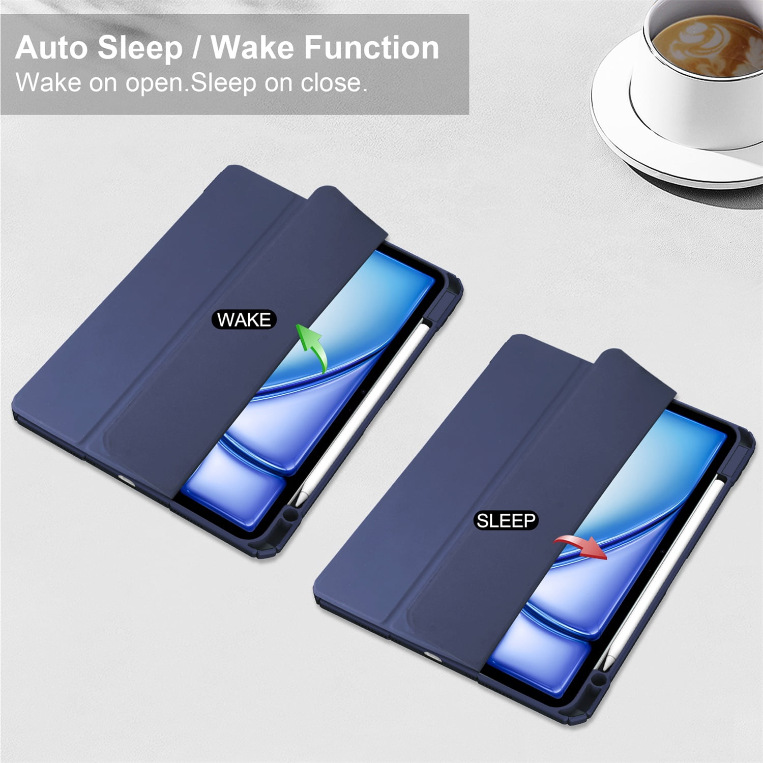 SaniMore Case for Apple iPad Air 13 (2024), Auto Sleep/Wake Shock Resistant [Built-in Pencil Holder] Flip Stand [Dual Angle] Transparent Slim Lightweight Anti-fall Tablet Shell, Deep Blue