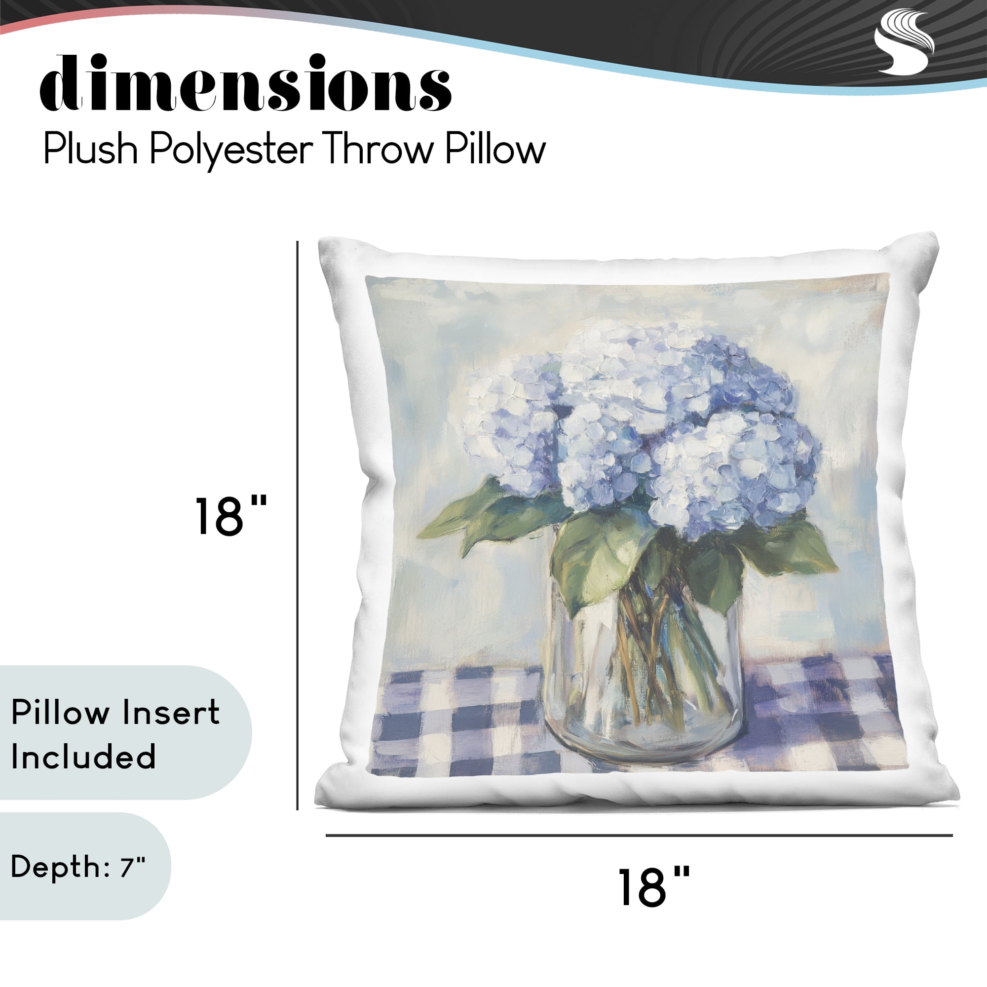 Stupell Industries Hydrangeas on Gingham Tablecloth Decorative Printed Throw Pillow, design by Petal Prints Design, 18 x 7 x 18