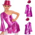 thumbnail image 5 of iixpin Girls Disco Bodysuit Set, 3-Piece Dance Outfit with Fringed Skirt & Sequined Hat Rose Pink 16, 5 of 7