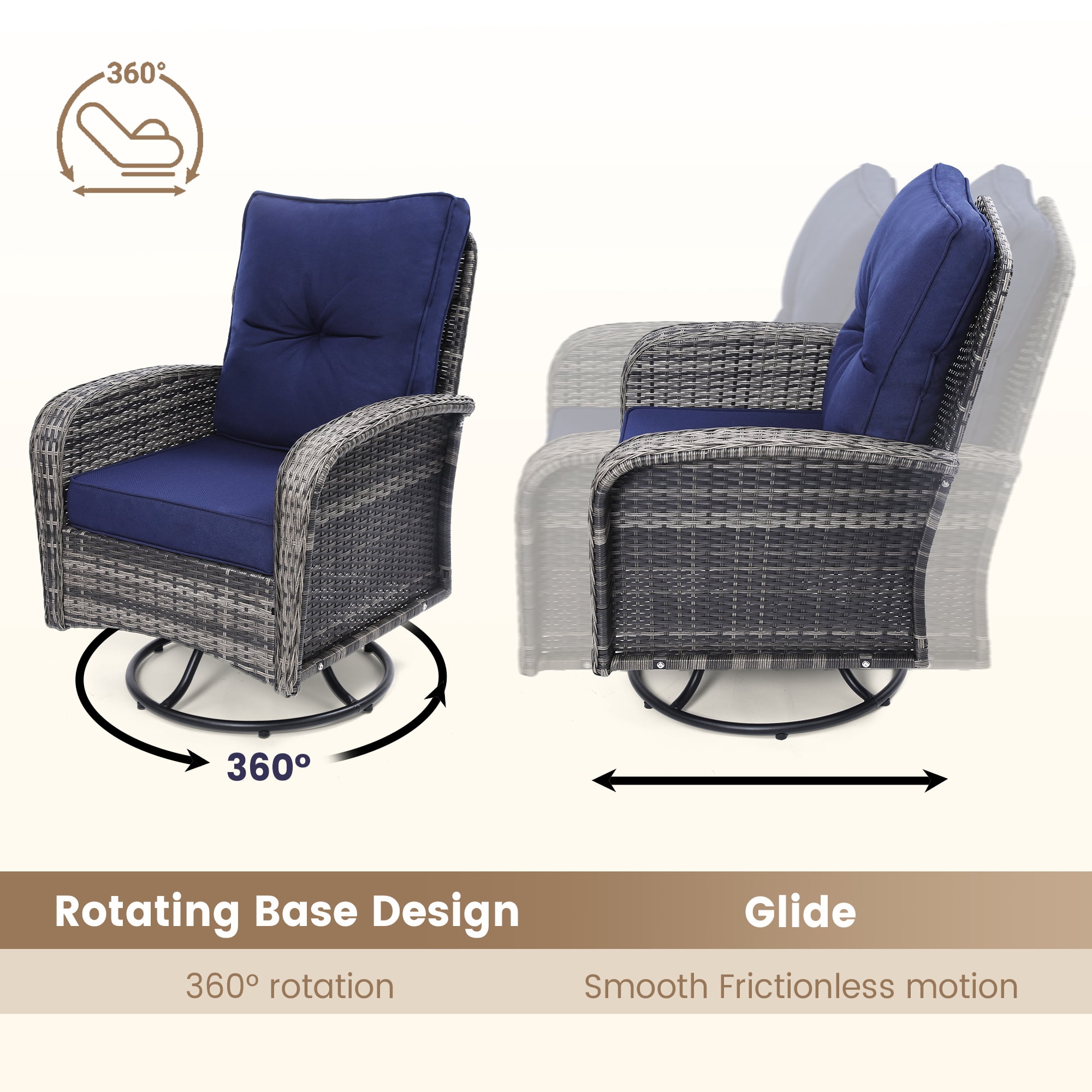 Melocadol Patio Wicker Glider Set, 2 Swivel Chairs with Matching Table, Comfy Washable Seat Cushions, Premium Outdoor Furniture for Garden, Balcony, Grey Rattan， Blue Cushion