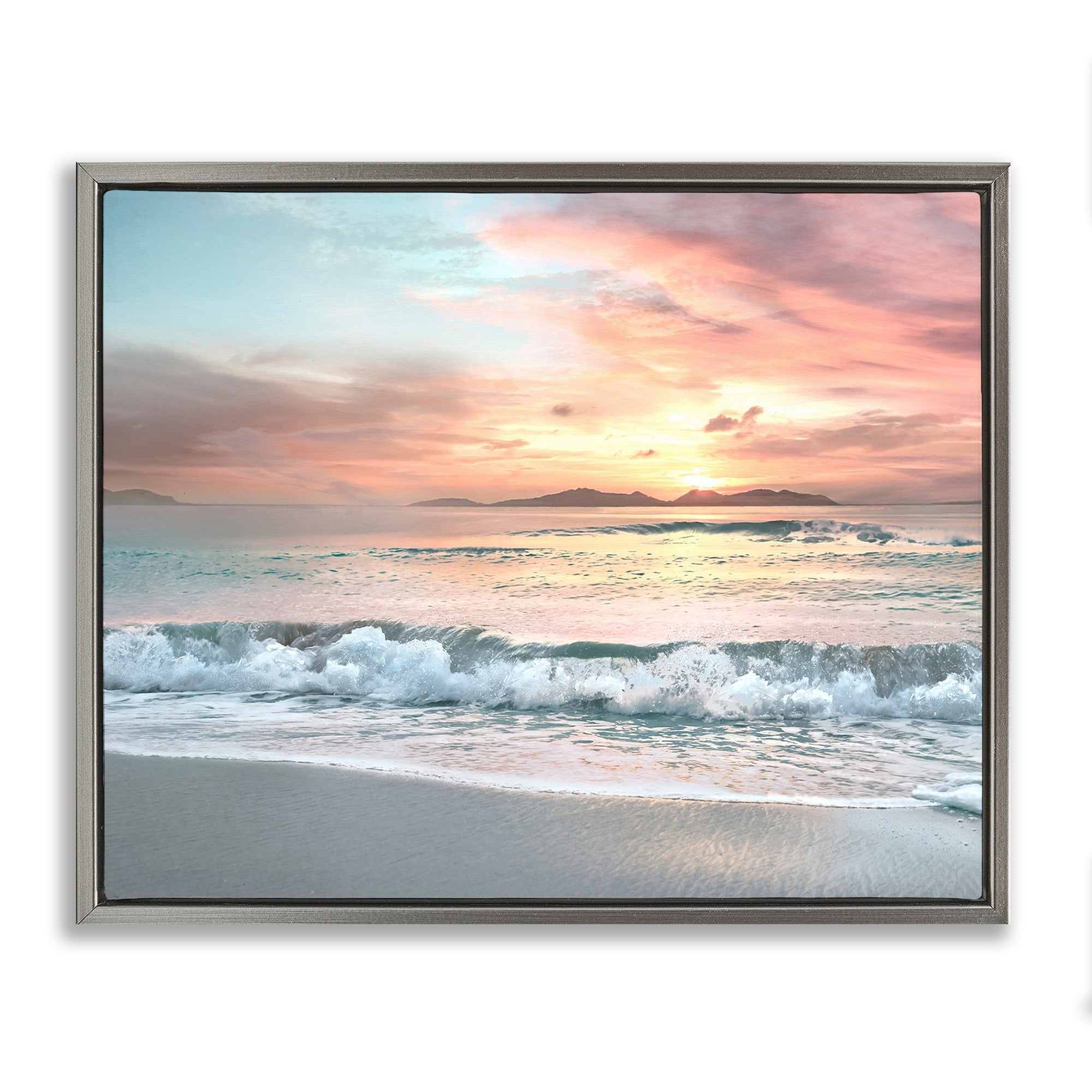 Stupell Industries Morning Sunrise Beach Landscape Distant Mountains Rolling Tide Luster Gray Framed Floating Canvas Wall Art, 24x30, by Mike Calascibetta