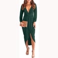 thumbnail image 3 of safuny Women's Knee Length Bodycon Dress Solid Pleated Spring Long Sleeve V Neck Front Split Elegant Autumn Dress Holiday Fashion Retro Green XXL, 3 of 8