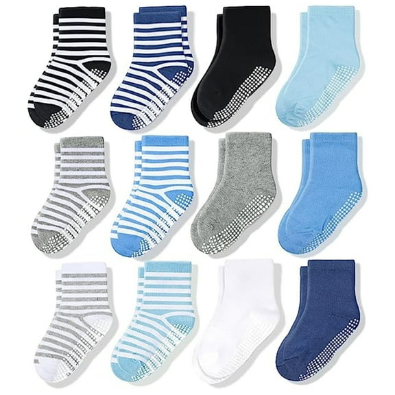 CozyWay Kids Crew Grip Socks - Non-Slip Grips Toddler Socks With Grippers - 7-9 Years, Blue/White, 12 Pack