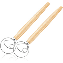 Pack of 2 Danish Dough Whisk, Kitchen Baking Flour Mixing Tool for Sourdough, Bread, Flour Paste, Butter, Pancake, Pizza, Cake, Pastry, Biscuits, Wooden Handle Stainless Steel Ring