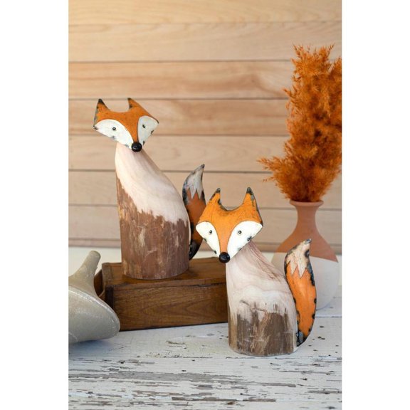 Kalalou Recycled Wood and Iron Foxes, Set of 2, Multicolor