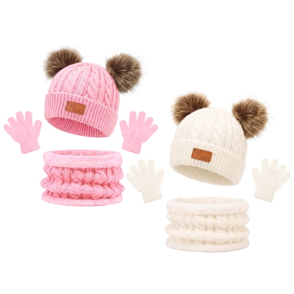Bocaoying 2 Pack Winter Hat Scarf Gloves Set for Baby - Knit Beanie with Double Pom Poms, Thick Fleece Lined, Elastic Toddler Cold Weather Gear 6-24 Months (White   Pink)