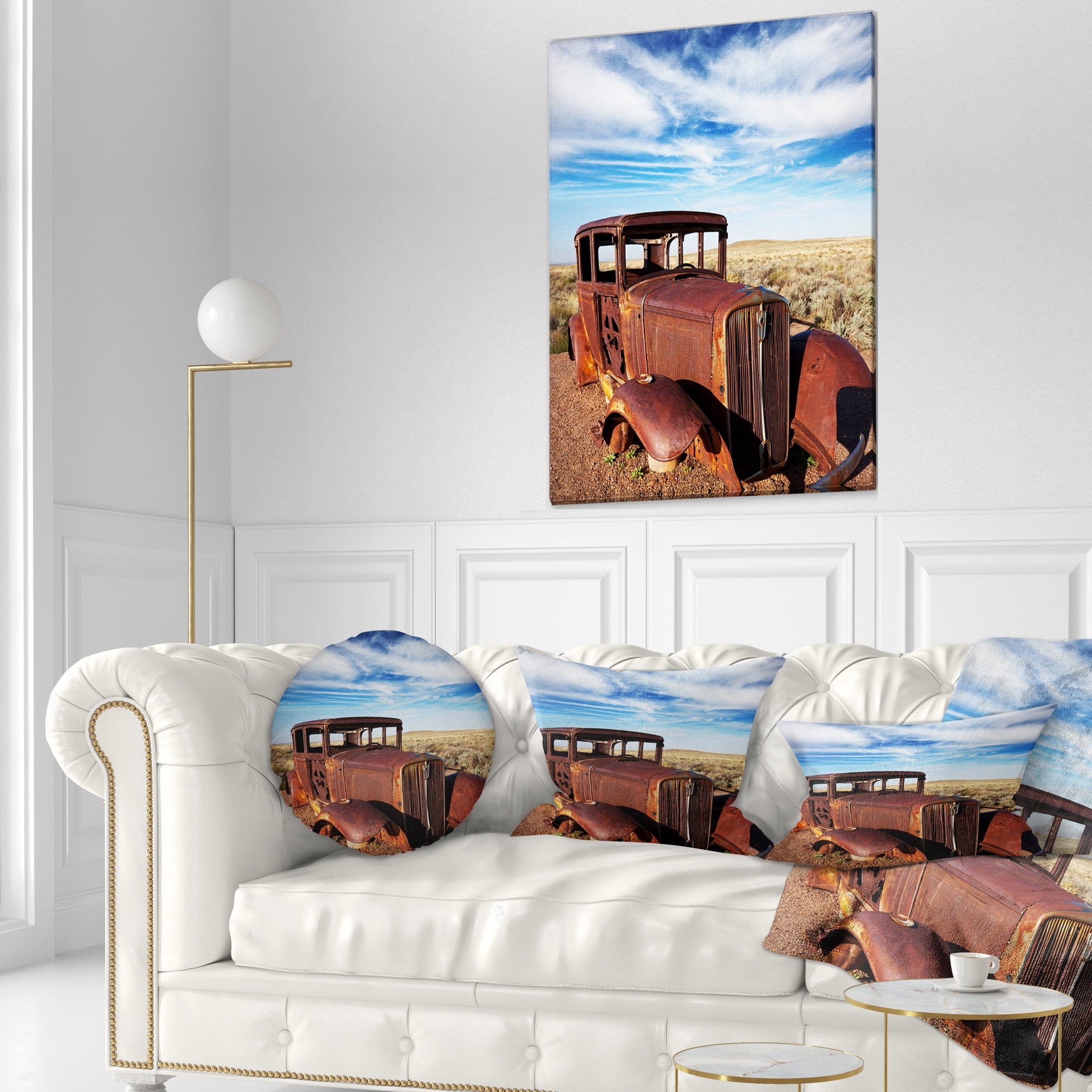 Designart Vintage Car under Bright Blue Sky - Abstract Throw Pillow - 12x20