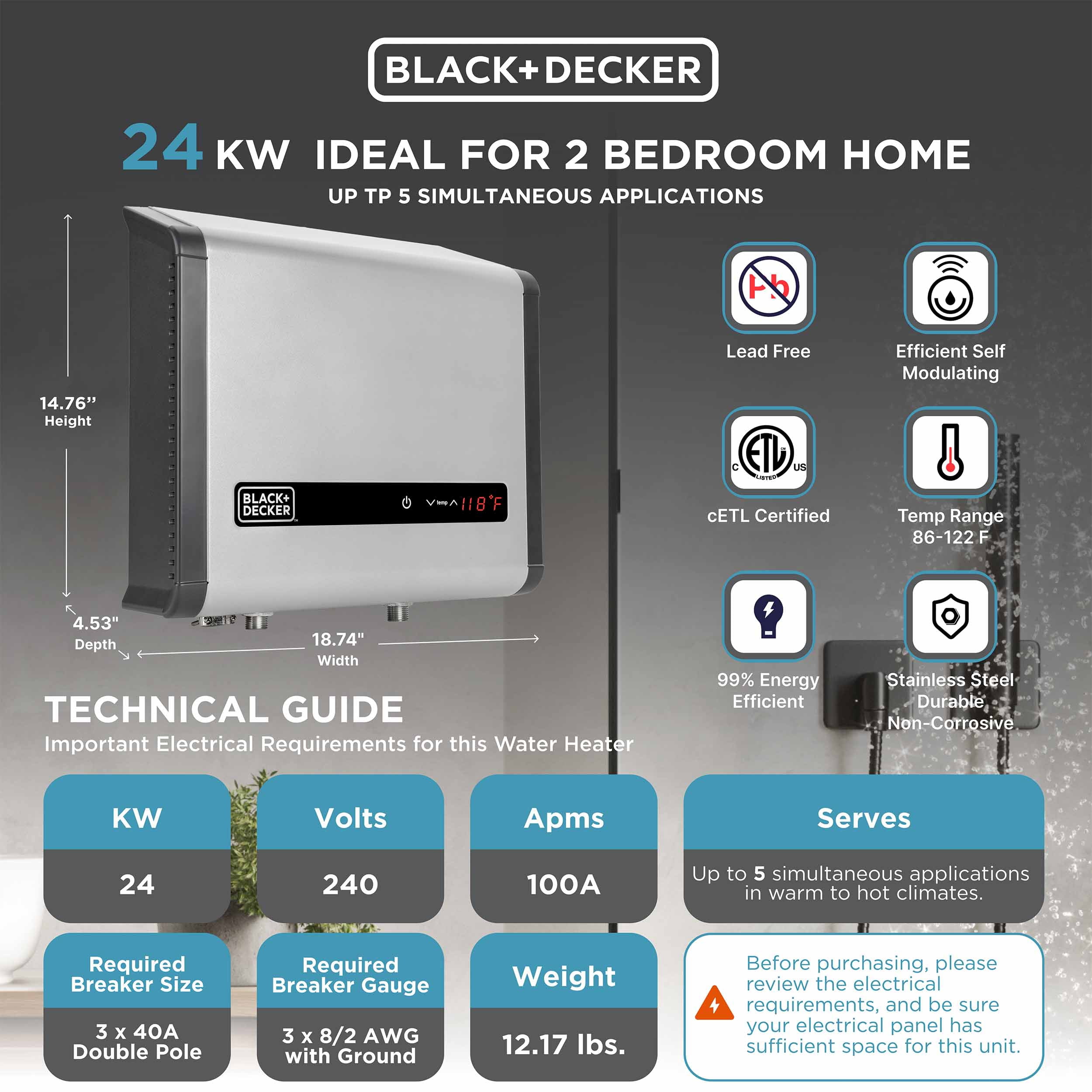 BLACK+DECKER 24 kW Self-Modulating 4.68 GPM Electric Tankless Water Heater, Multi-Application hot water heater electric Sansujyuku sansujyuku.com