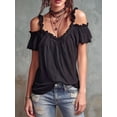thumbnail image 4 of Women Cold Shoulder Ruffle Trim Top V Neck Short Sleeve Casual Blouse Black S, 4 of 7