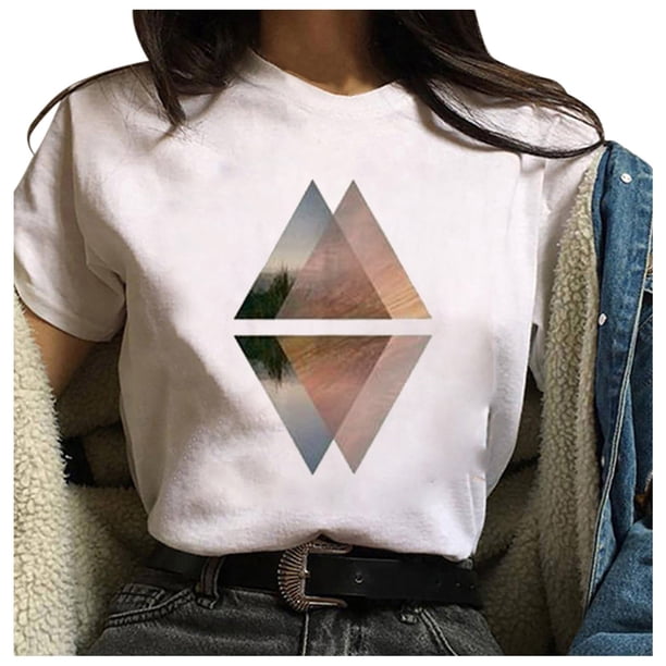 Pntutb Camiseta suelta de cuello redondo para mujer con estampado gráfico geométrico de moda para mujer Pntutb Pntutb-2044