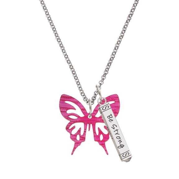 Delight Jewelry Acrylic Medium Cut Out Butterfly Magenta Silvertone Be Strong and Courageous Bar Charm Necklace, 23"