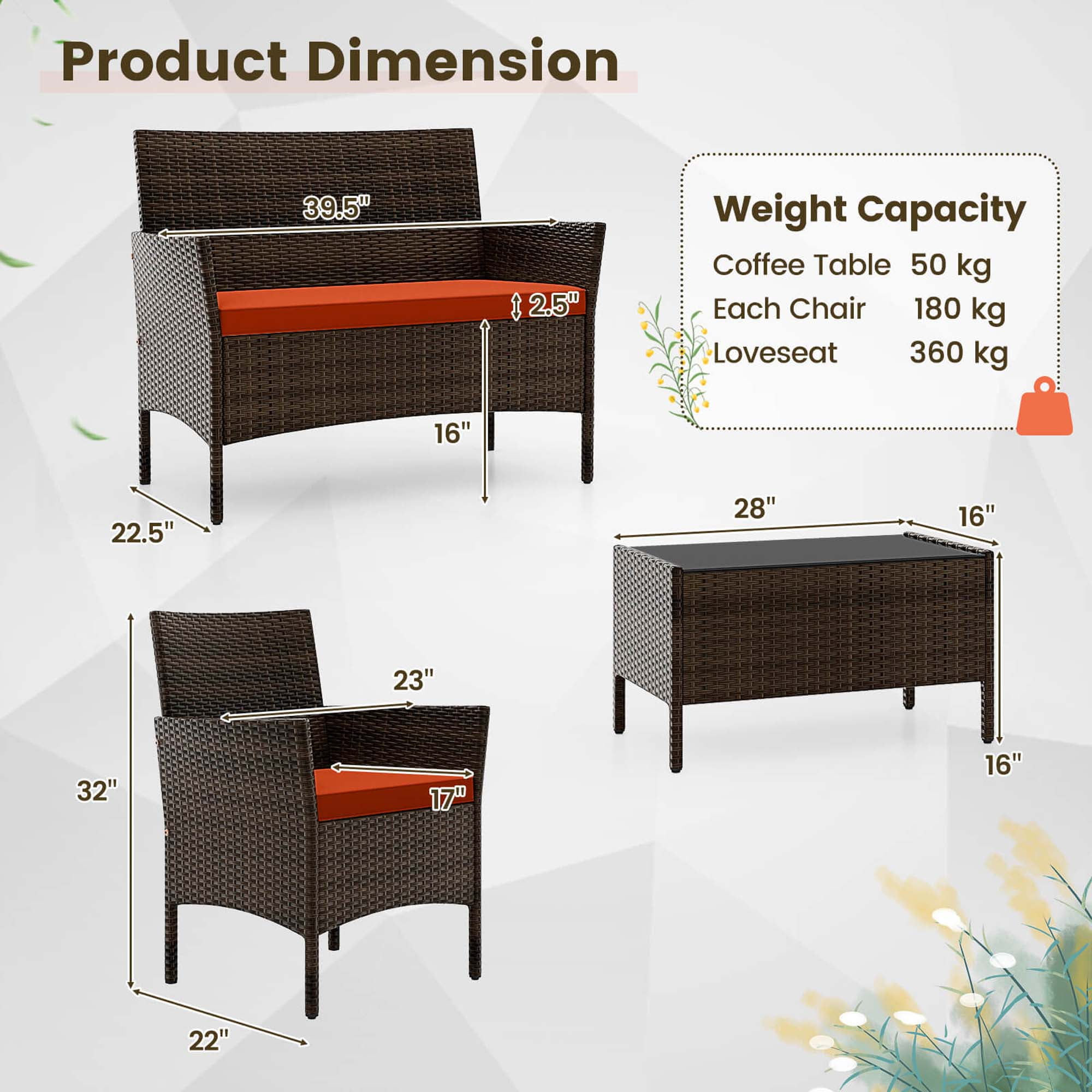 Costway 8 PCS Patio Furniture Set with Washable Cushions and Tempered Glass Coffee Table Orange
