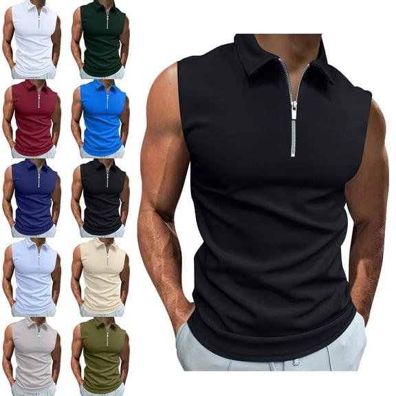 Men's Shirt Solid Color Top Casual Sleeveless Shirt Lapel Zipper Sports Shirt Summer t Shirts for man