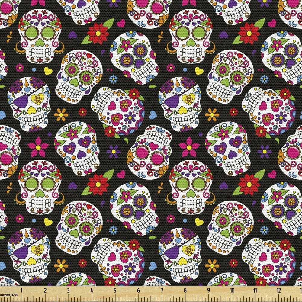 Sugar Skull Fabric by the Yard, Graveyard Mexico Design on Black