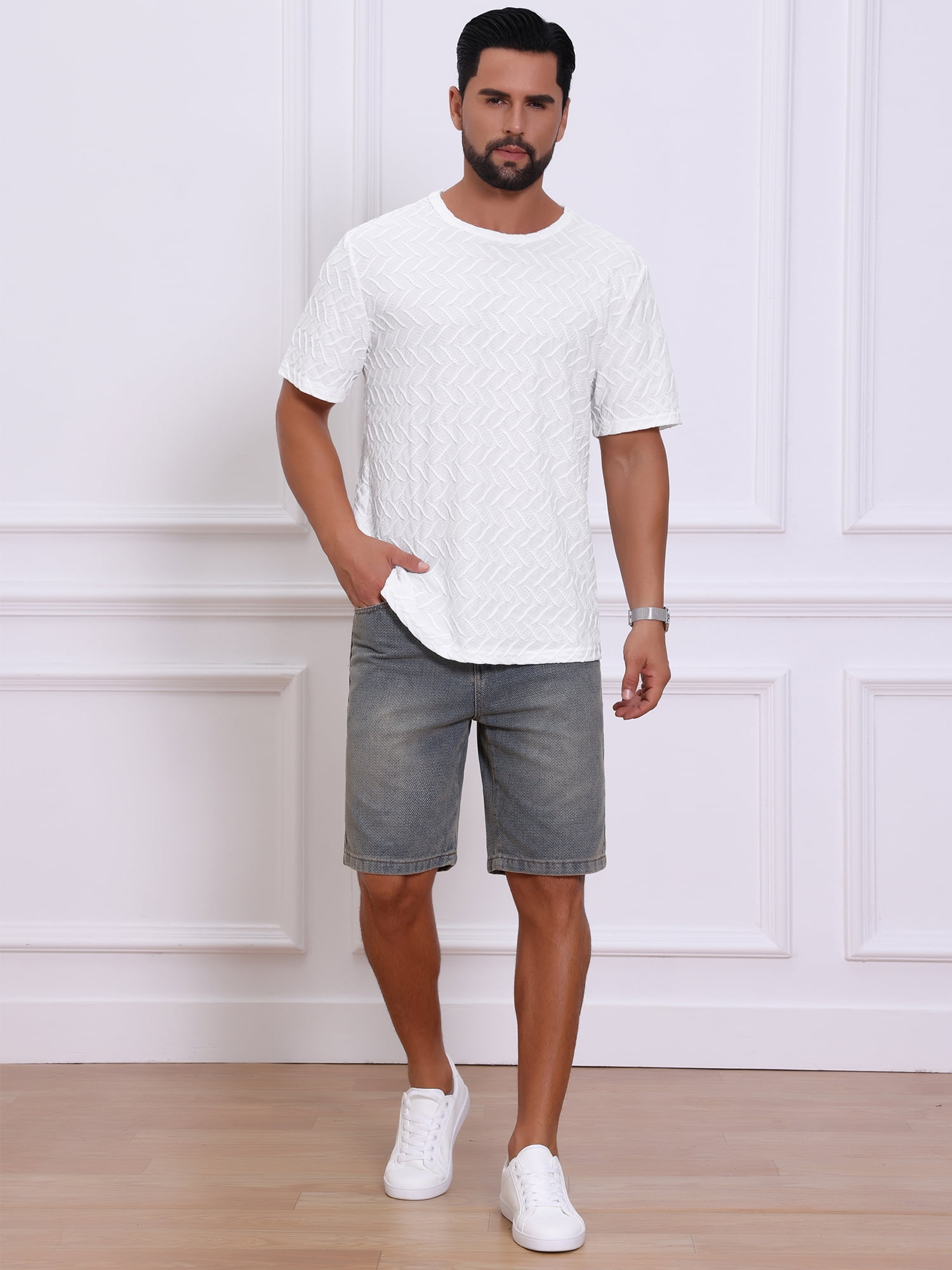 DARING DIVA Men's Knitted T-Shirts Short Sleeve Crew Neck Jacquard T-Shirt 2XL White