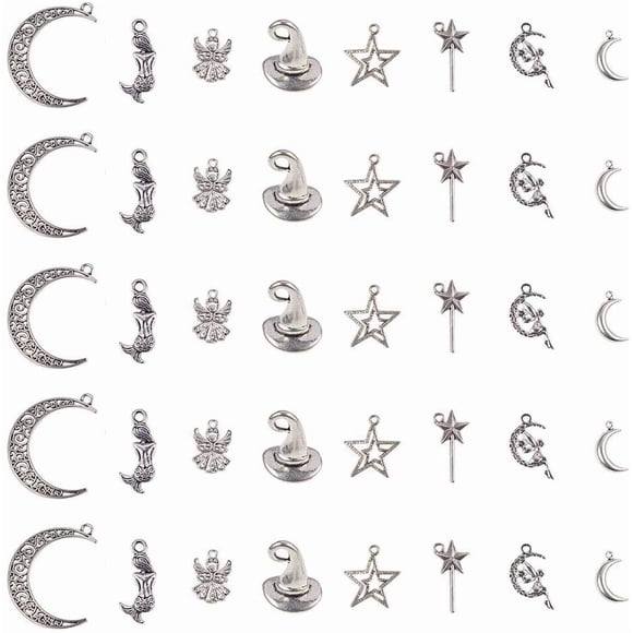 Moon Charms. 40pcs 8 Style Star Moon Angel Charms Silver Tibetan Alloy Magic Charms Pendants Beads Charms for DIY Bracelet Necklace Jewelry Making