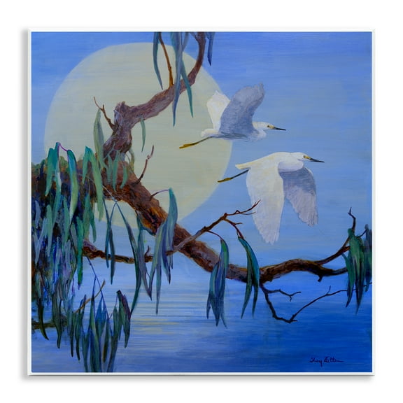 Stupell Industries Shining Moon & Birds Birds Painting Unframed Art Print Wall Art, 12 x 12