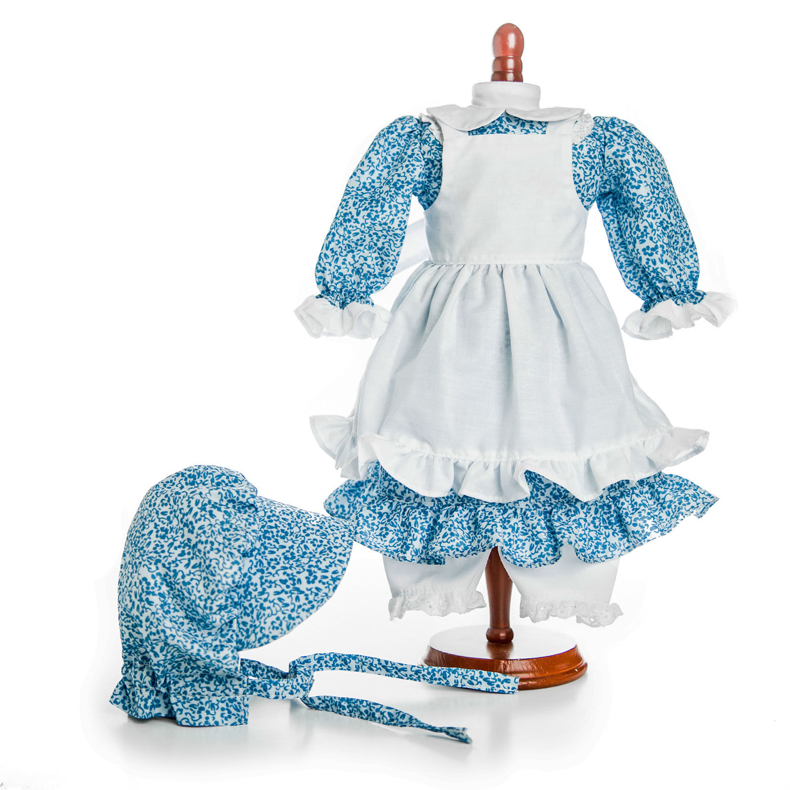 The Queen's Treasures 18 Inch Doll Clothes, Little House on The Prairie Blue Calico Dress with Bonnet, Apron, and Pantaloons, Compatible For Use with American Girl Dolls