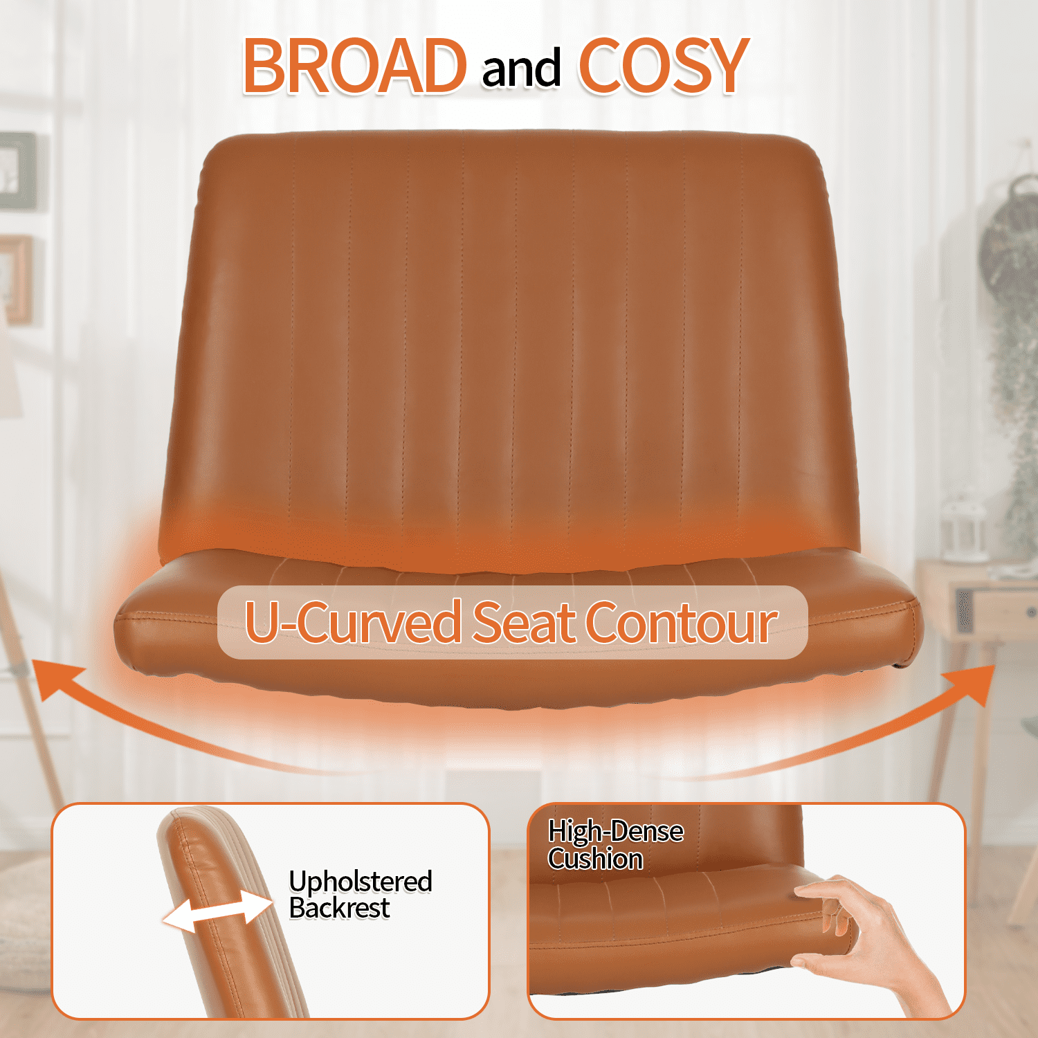 BIQWBIC Crisscross Chair Armless Vanity Chair Adjustable Home Office Desk Chair with No Wheels, Brown