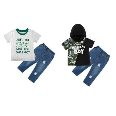 

Uccdo 6M-4T Toddler Baby Boys Clothes Set Casual Short Sleeve T-shirt Top Ripped Denim Pants 2 Pieces Outfits