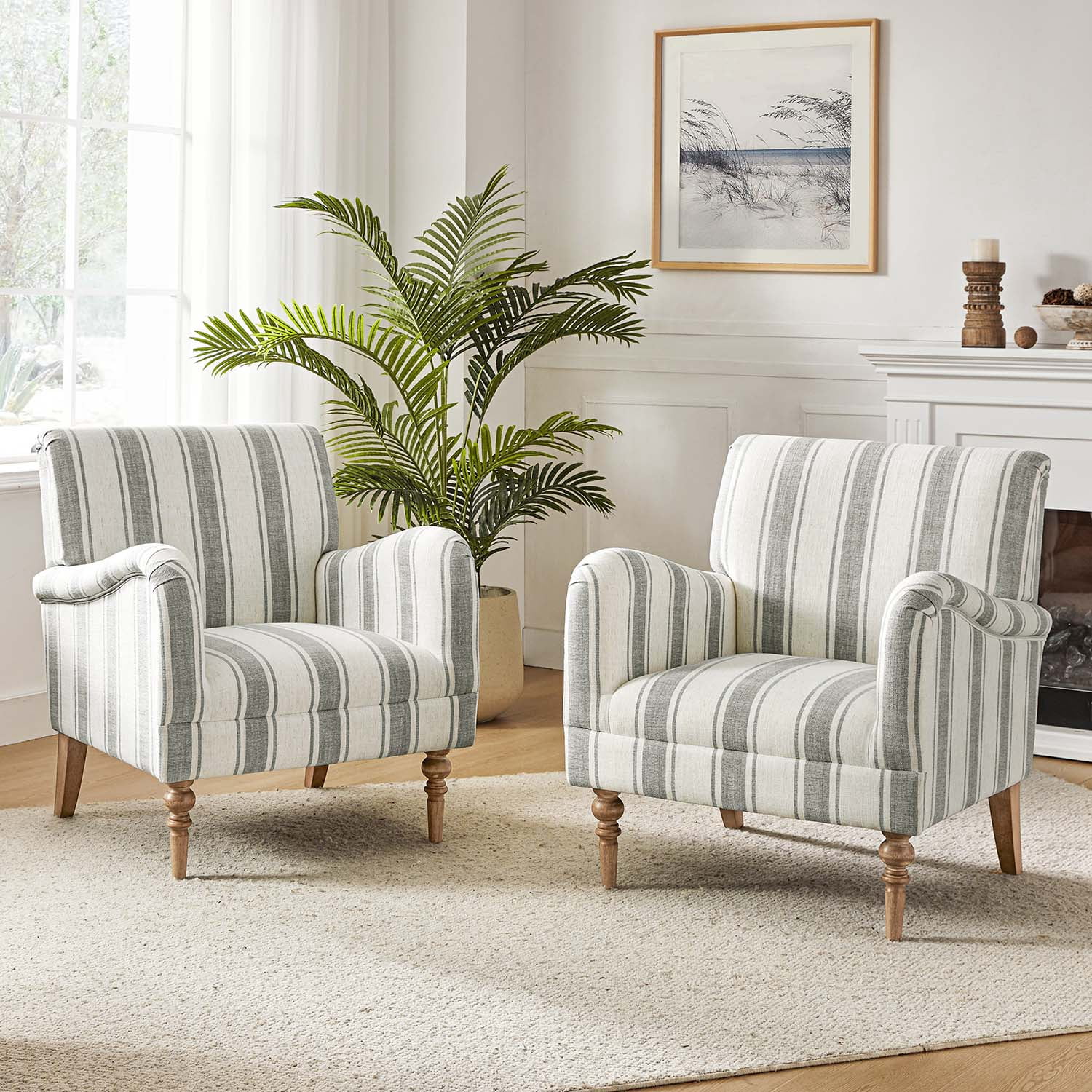 Stripe Accent Chairs Set of 2 Upholstered Wood Legs Armchairs Home Living Room Adult Grey