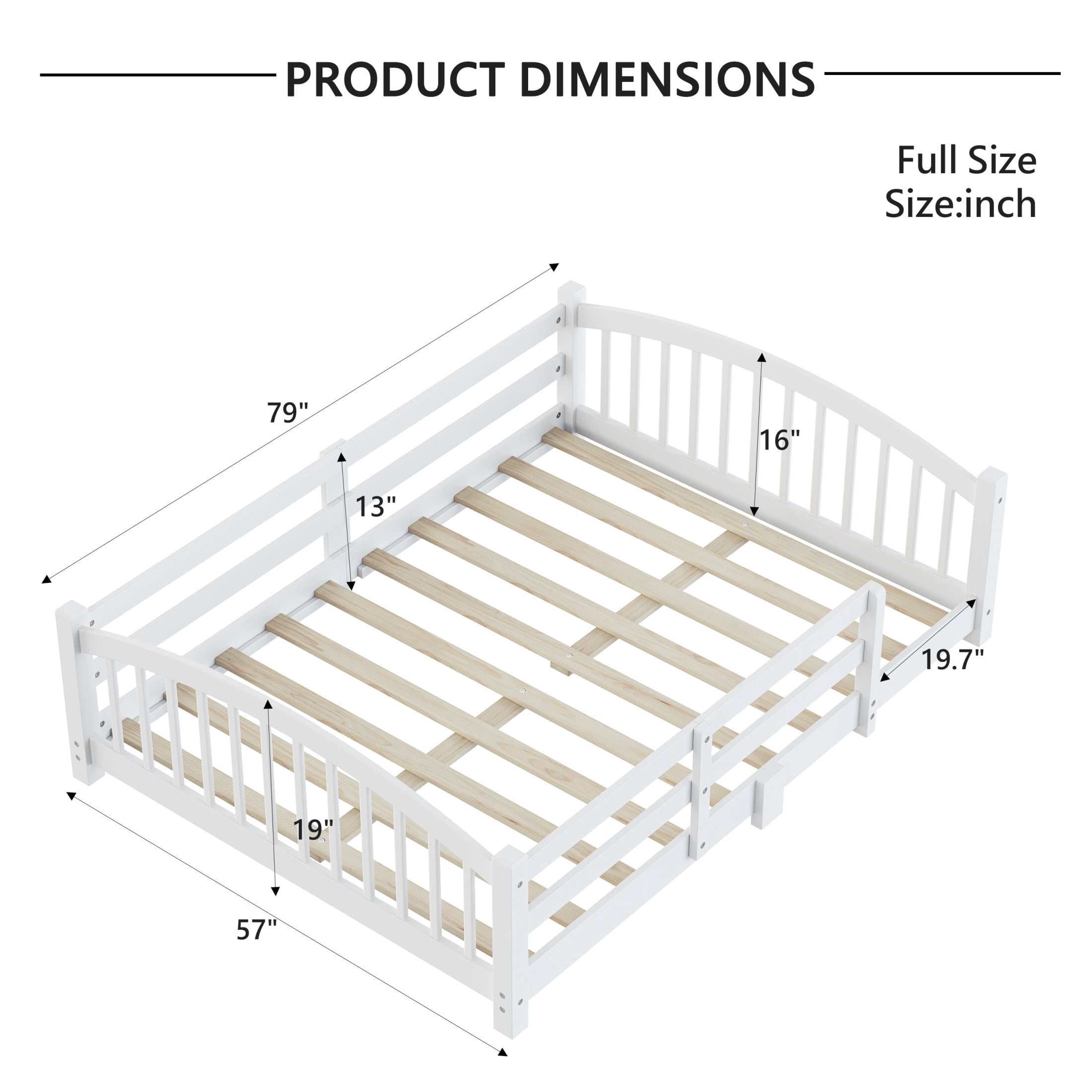 Noble House Full Floor Bed with Slats, Safety Guardrails, Solid Wood Frame, White