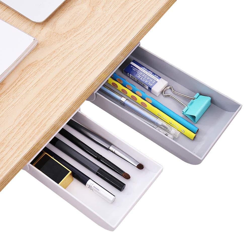 2-Pack White Large/Small Under Desk Drawer & 2-Pack Blue Cable Clips Pencil Tray Under Desk Storage Hidden Adhesive Drawer Desk Accessories Office Organizer Good for Workspace Home and Kids
