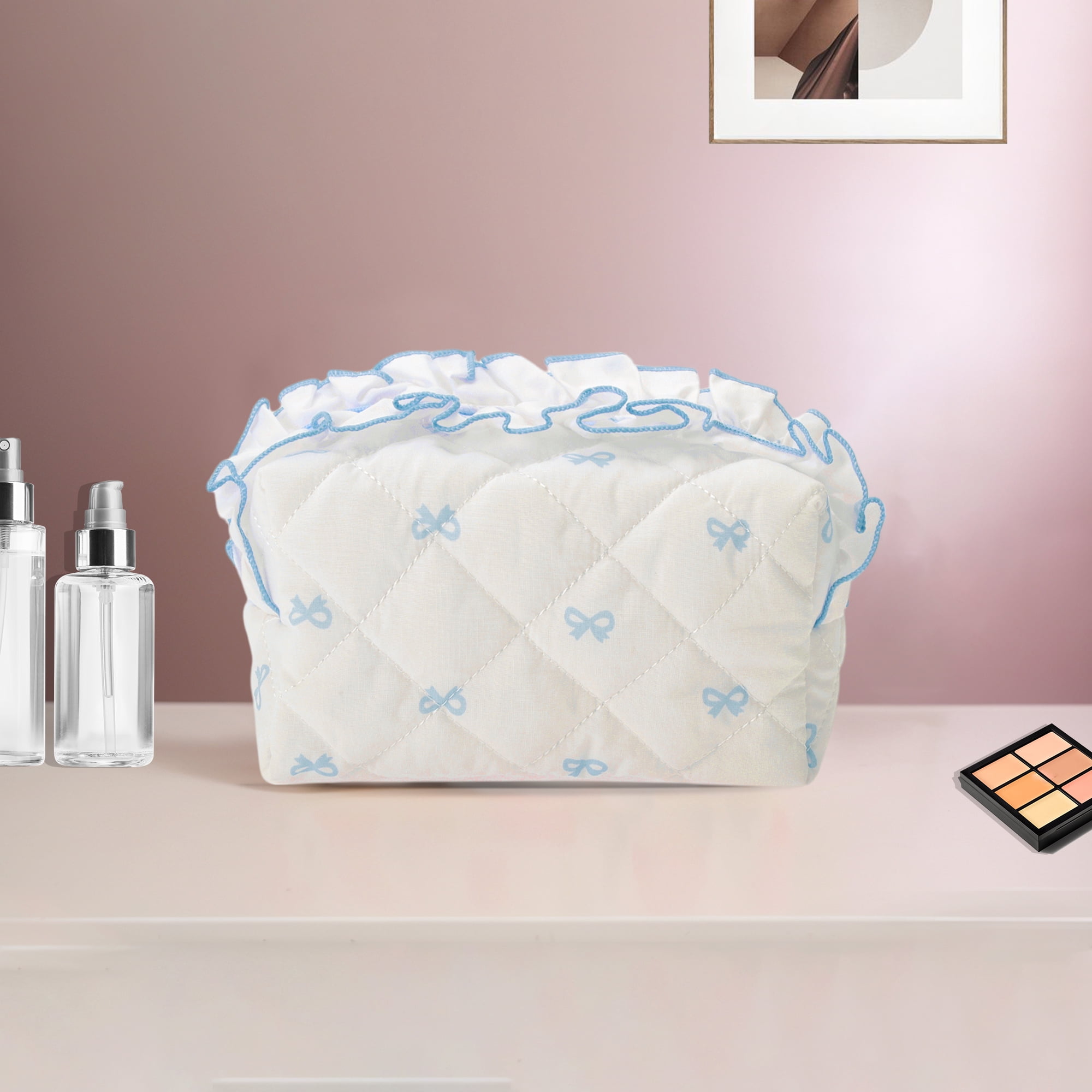 Unique Bargains 1 Pc Lace Bow Ruffles Makeup Bag for Everyday Use 3.15 in  Blue