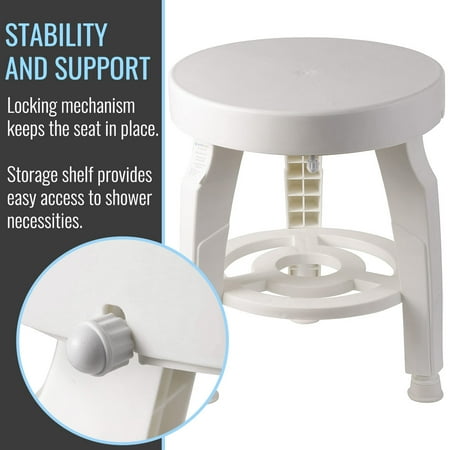 HealthSmart Swivel Shower Stool Seat with Storage Shelf, Rotating Shower Chair for Bathtub, Tool-Free Assembly, White