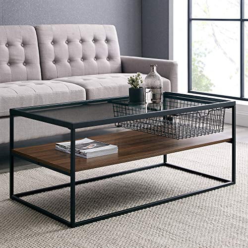 Walker Edison Mesh Drawer Glass Top Coffee Table, 42 Inch, Dark Walnut