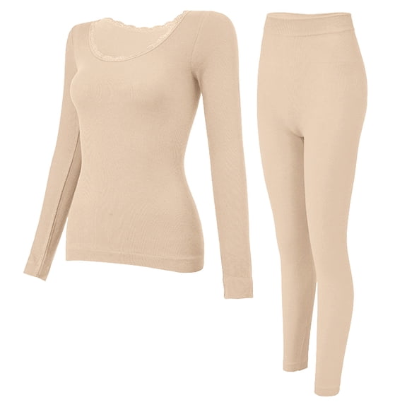 Wensltd Women's Winter Seamless Thermal Underwear Set Round Neck Long Sleeve Tight Fit Warm Clothing