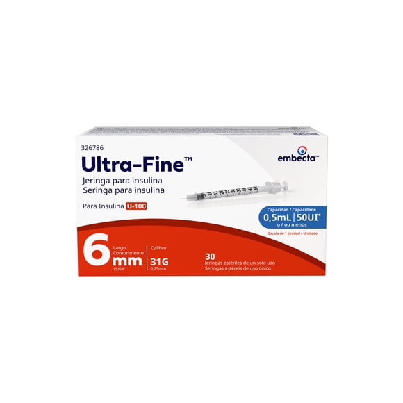 Jeringas para insulina Ultra Fine 6 mm U-100, 0.5 ml 30 pzas