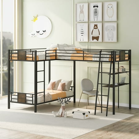 EUROCO L-Shaped Twin over Twin Bunk Bed with Desk and Shelf for Kids Brown