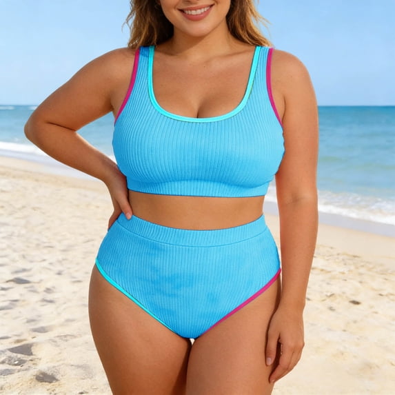 Gradient Print Plus Size Two Piece Swimsuit For Control Bathing With High Waisted Bottoms