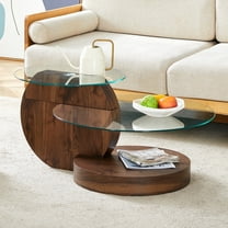 LUFTUT Glass Coffee Table, 3-Tier 35.4" Round Tempered Glass Coffee Table for Living Room with Storage, Dark Brown Wood-Look MDF Base, Modern Center Table, Easy Assembly