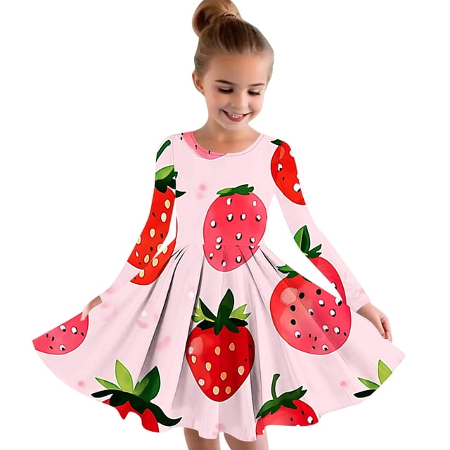 Odeerbi Niñas Vestido de Patinadora Estampado Fresa Vestidos de Princesa 4-14 Años Niñas Vestido de Patinadora Cuello Redondo Vestido de Manga Larga