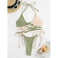 thumbnail image 4 of ZAFUL Women Swimsuit Ribbed Cross Bicolor Halter Bikini Swimwear Light Green M, 4 of 6