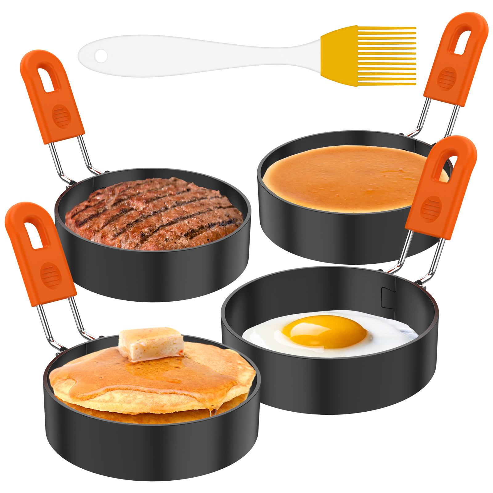 Gpoty 4 Pcs Egg Rings Set Fried Egg Mold with Oil Brush and Foldable