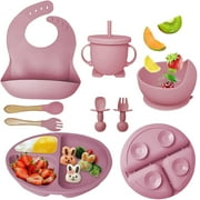WANGQIANG Silicone Baby Feeding Set, Baby Led Weaning Supplies with Suction Bowl Divided Plate, Toddler Self Feeding Dish Set with Spoons Forks Sippy Cup Adjustable Bib, Baby Eating Utensils