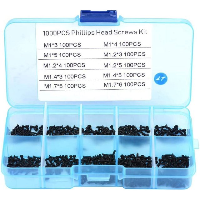 1000Pcs M1 M1.2 M1.4 M1.7 Self Tapping Screws, Walfront Small Stainless Steel Phillips Pan Head Screws With Storage Box (Black)