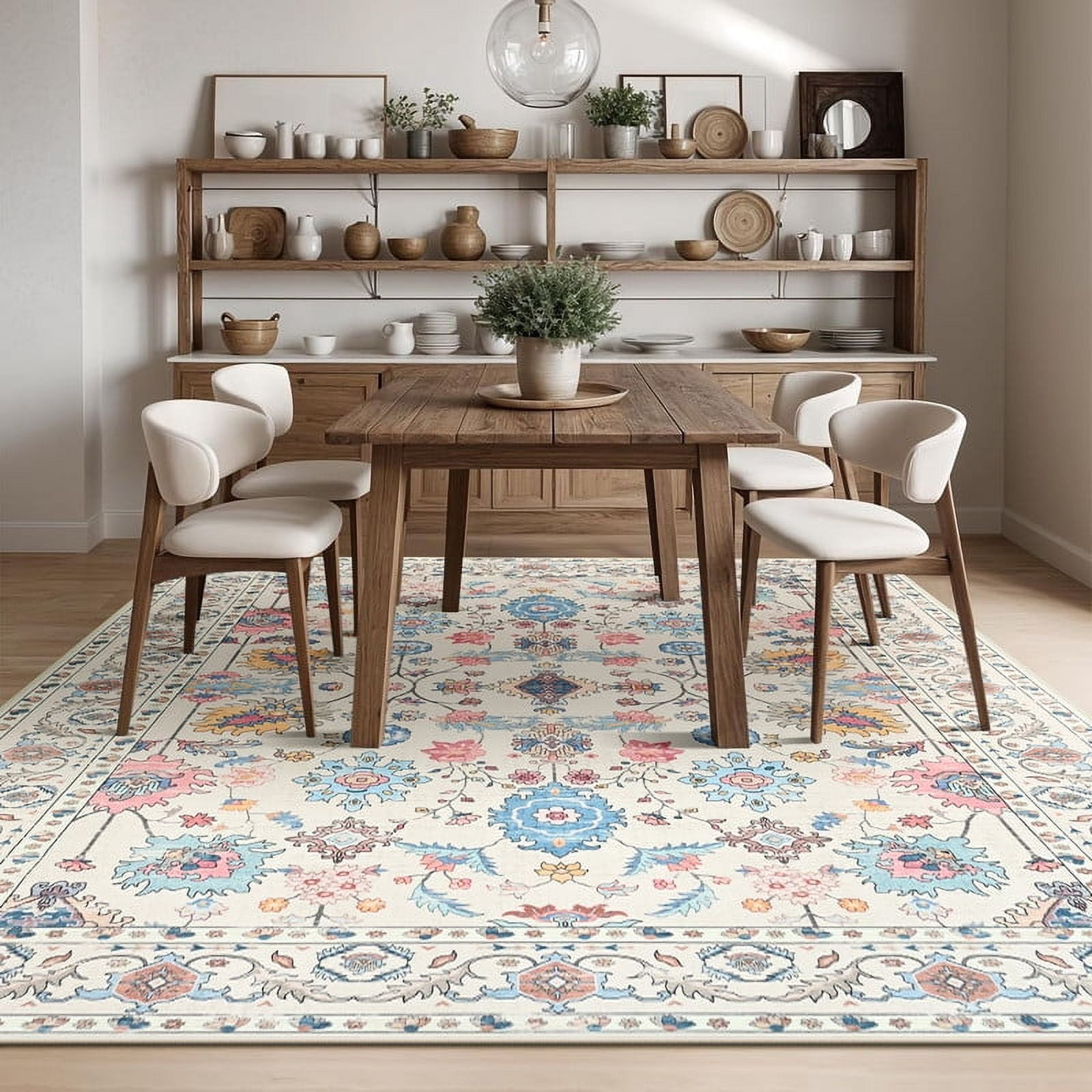 Jamfeel Rugs for Living Room Classic Boho Floral Print Floor Carpets Soft Low Pile Non-slip Washable Area Rug 6'x9' Beige