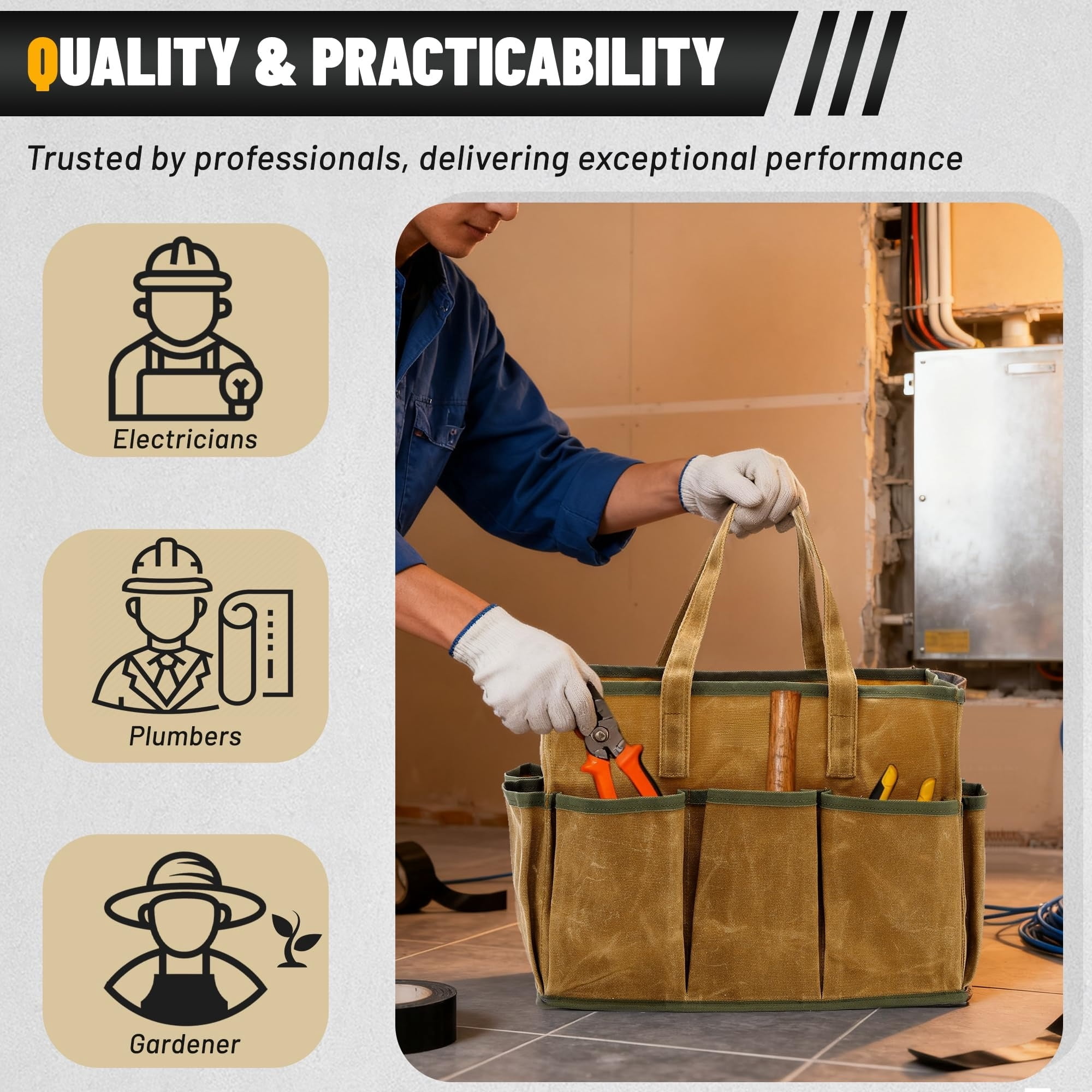 Lohol 16OZ Waxed Canvas Tool Tote Bag for Garden Tools Wrench Set & Screwdrivers | 11-Pocket Garden Tool Bag with Portable Handles, Multi-Purpose Tool Storage Organizer (14"L x 5.5"W x 10.5"H) – Grey