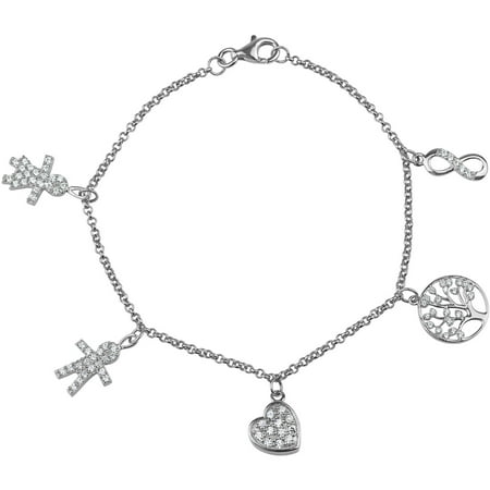 White CZ Sterling Silver Boy, Girl Family Charm Bracelet, 7-1/4