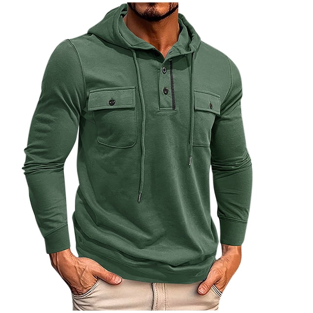 Jalioing Men's Cargo Sweatshirts Long Sleeve Solid Color Drawstring Hoodies Casual Button Pullover with Pocket