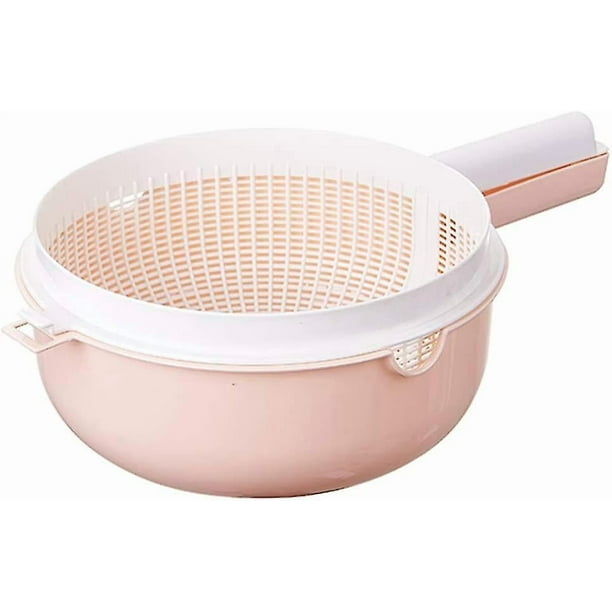 2 in 1 Kitchen Strainer Set with Colander and Salad Bowl Plastic, for Kitchen, Fruit, Vegetable, and Laundry, Pink
