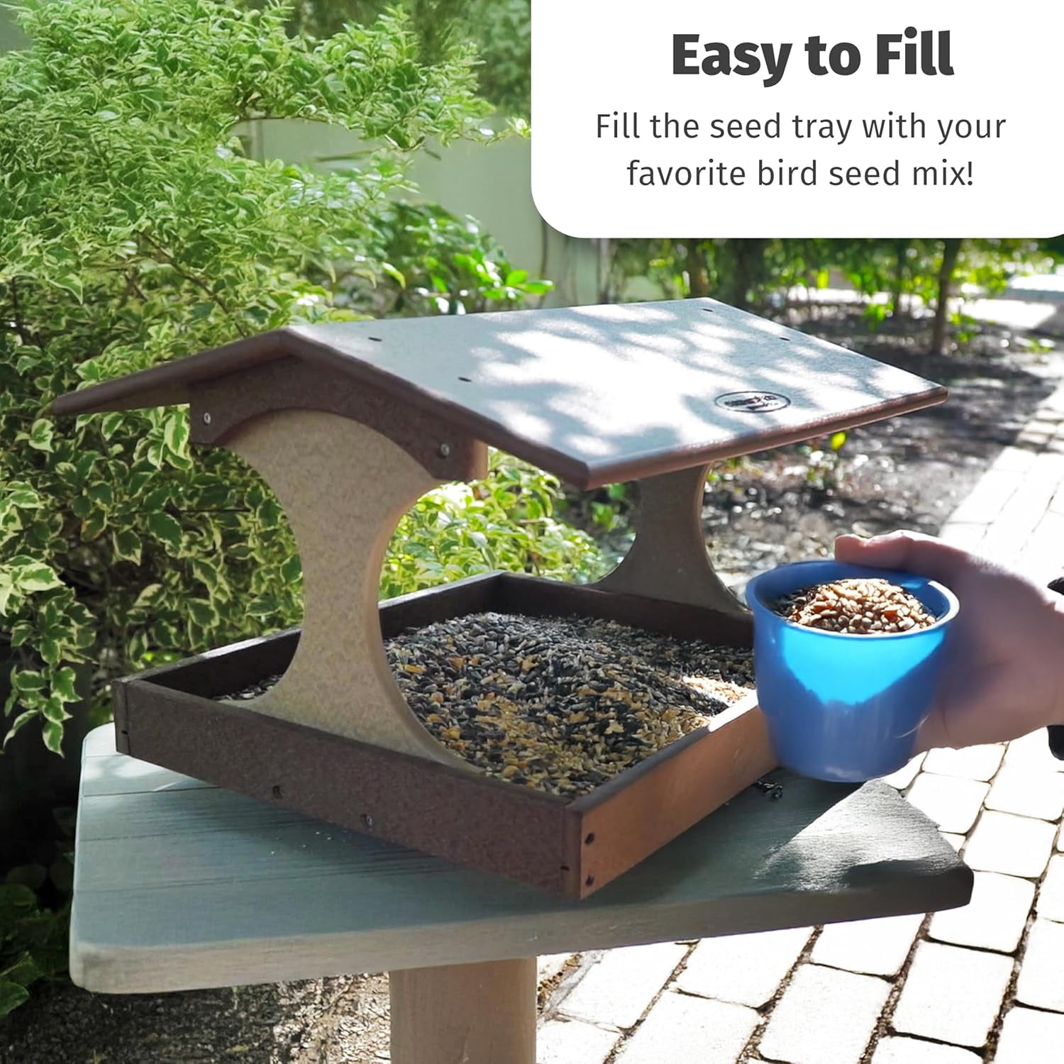 DutchCrafters Amish USA Made Poly Extra Large Fly Through Bird Feeder Post Mount for 4" x 4", Covered Bird Feeder Open Platform Seed Tray for Outdoor, Outside (Tudor Brown & Weatherwood)