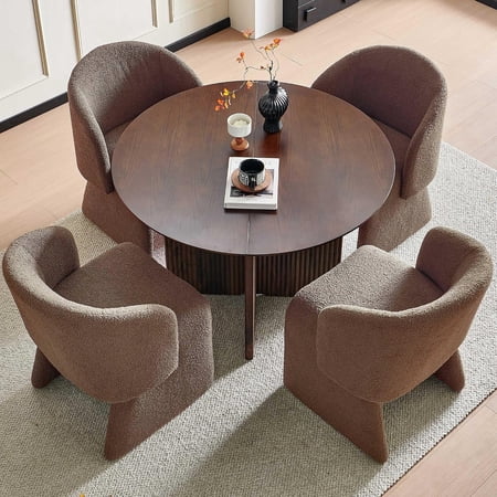 NORDICANA Modern Round Kitchen Dining Room Table Set for 4 with Arm Chairs 43.39-In Dia| Walnut Veneer & Two-Part Tabletop| Space-Saving| Upholstered Barrel Dining Chairs
