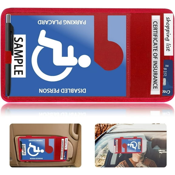 Handicap Placard Holder for Auto,Handicapped Placard Holder for Automotive Sun Visor Accessories,with 1 Transparent PVC Storage Bag and 3 Pocket-Red
