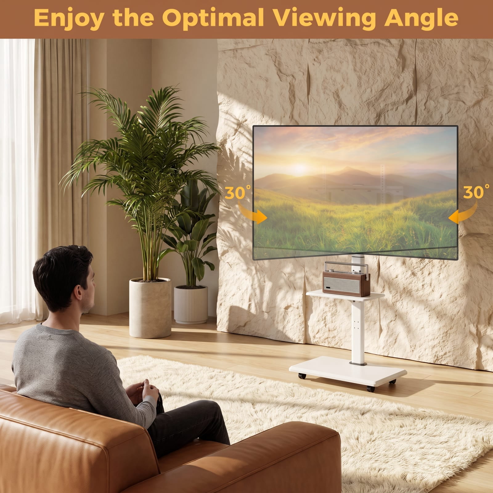 Furnibear Rolling TV Stand Entertainment Center on Wheels Mobile TV Cart for 32 to 75 Inch TVs with Adjustable Storage Shelves, Natural